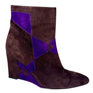 FENDI Geometic Brown‎ Purple Suede Wedge Boots Futuristic Y2K Aesthetic Size 8.5